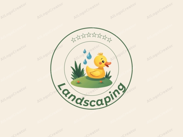 diseño moderno que presenta un césped y jardín estilizados con un pequeño pato y gotas de agua, combinados con un fondo limpio.