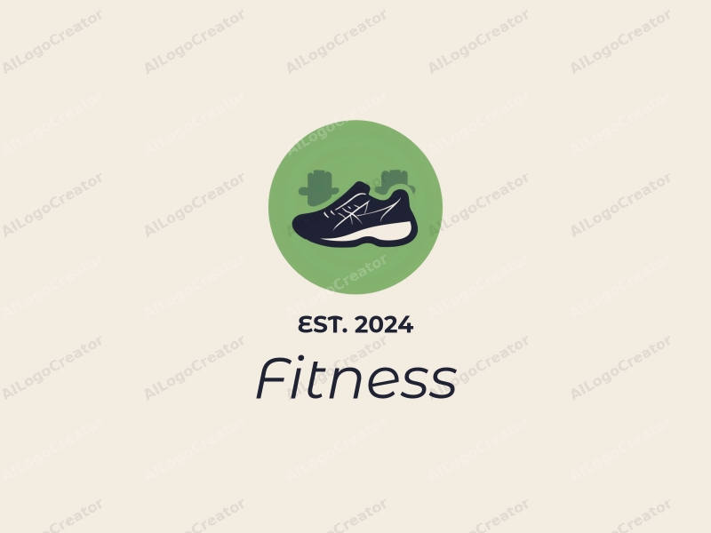 a modern minimalist design featuring a stylized dumbbell and running shoes, combined with a clean background in green and black colors.