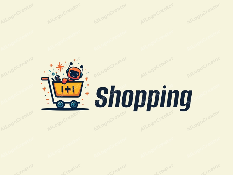 a modern design featuring a colorful shopping cart and a stylized robot, combined with elements of a shopping mall, creating a harmonious and clean composition.