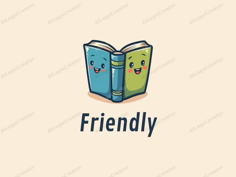 playful design features cartoon books with smiling faces, incorporating blue and green colors, creating a friendly and inviting atmosphere with a clean background.