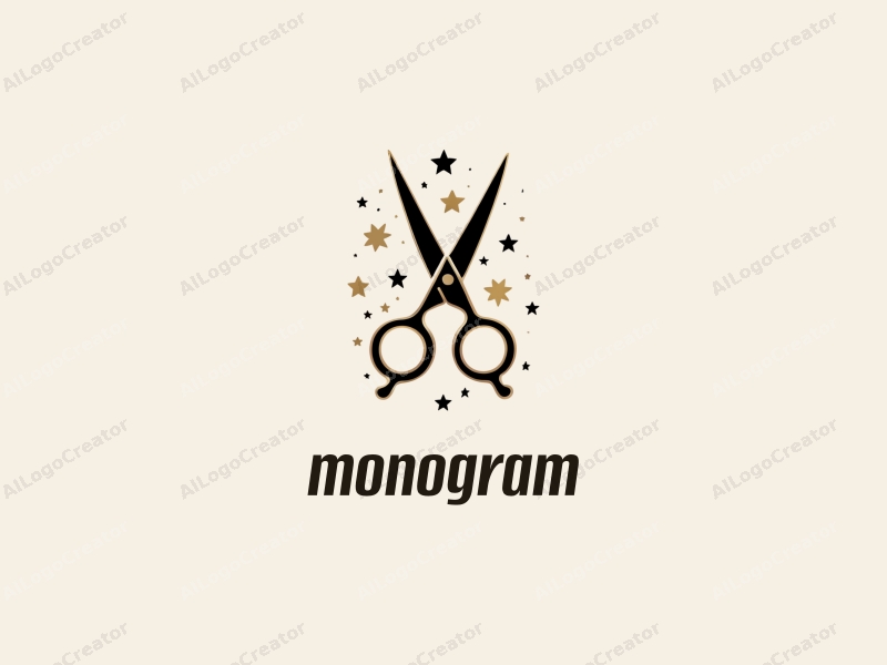 a modern design featuring elegant letters intertwined with stylish scissors and stars, using a black and gold color palette, combined with a clean and minimalistic background.