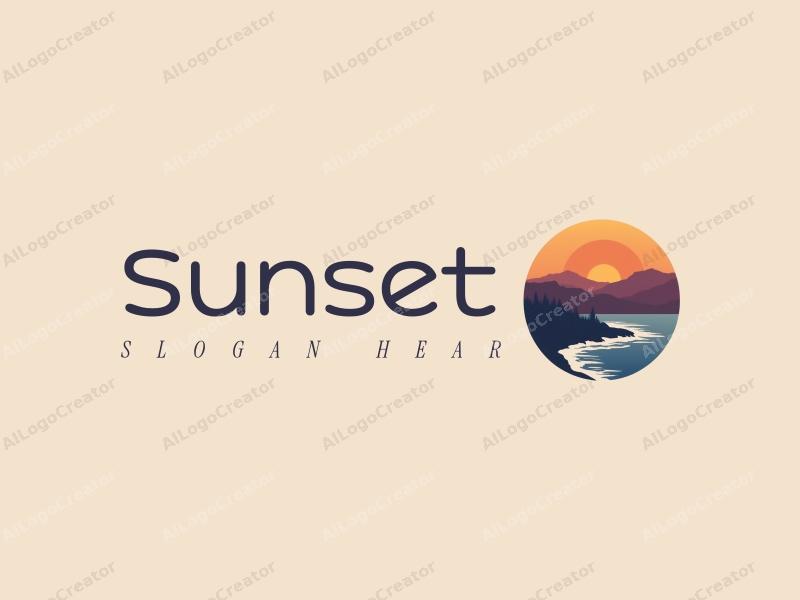 vintage design features a stylized sunset over a coastline with mountains in the background, using a harmonious blend of orange and purple colors, combined with a clean and simple layout.