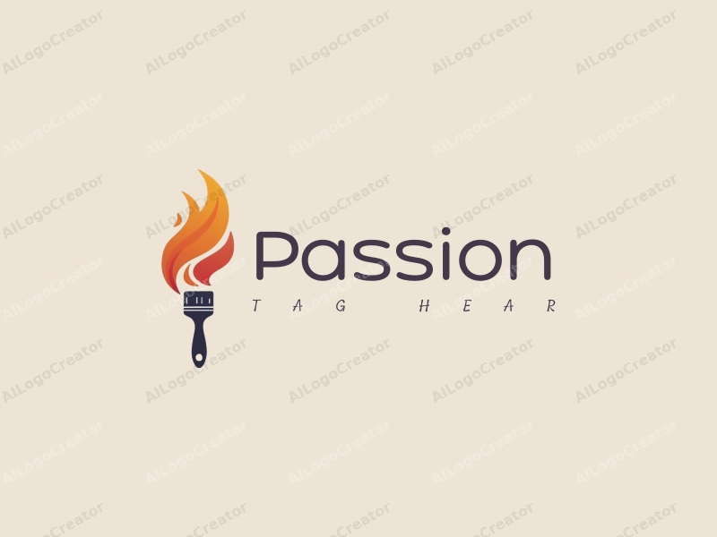 playful design features a dynamic paintbrush intertwined with a flame, symbolizing passion and enthusiasm, combined with a clean background.