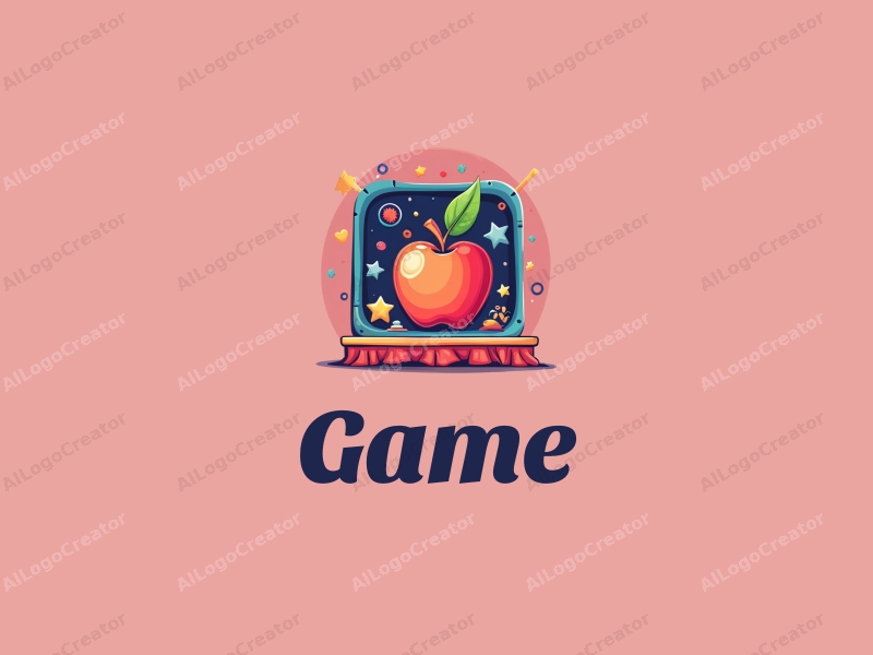 playful design features vibrant colors, a stylized apple, game and toy elements, and a whimsical stage setting combined with a clean background.