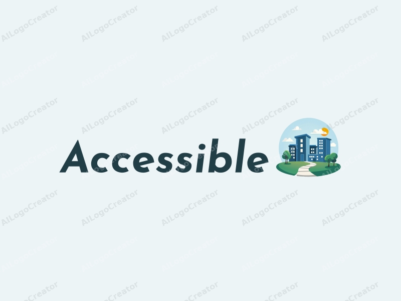 modern design features accessibility elements, stylized buildings, and sidewalks, combined with a clean background in blue and green tones.