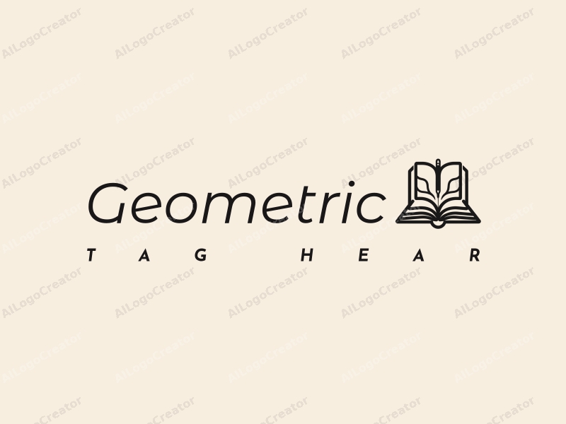 geometric design features a harmonious combination of squares and circles, incorporating a stylized book and pen, with a clean black and white color scheme.