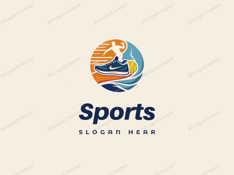 vibrant design features a stylized running shoe and tennis racket, combined with a dynamic runner silhouette and flowing wind elements, set against a clean background.