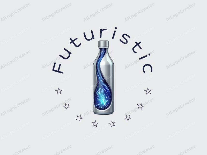 a modern design featuring a sleek, stylized bottle integrated with futuristic technology elements, using silver and blue colors, combined with a clean background and an innovative design approach.