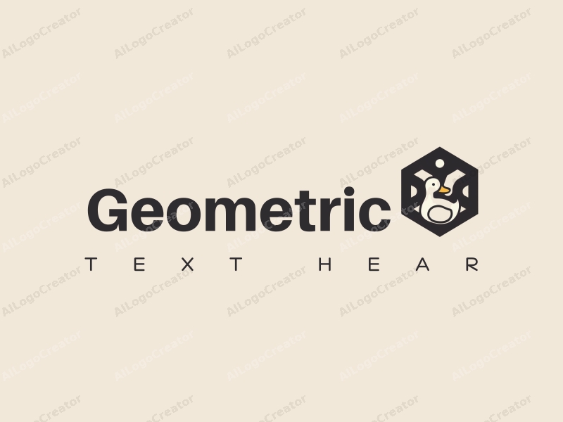 geometric design features a stylized duck and dumpling, integrated within square and circular shapes, combined with a clean black and white background.