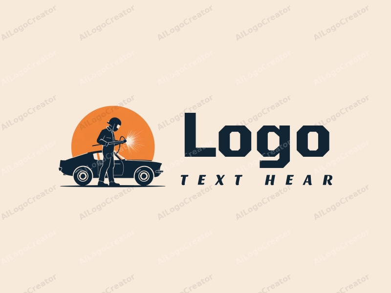 a modern design featuring a stylized welding worker and a sleek car silhouette, combined with a clean background and a harmonious composition.