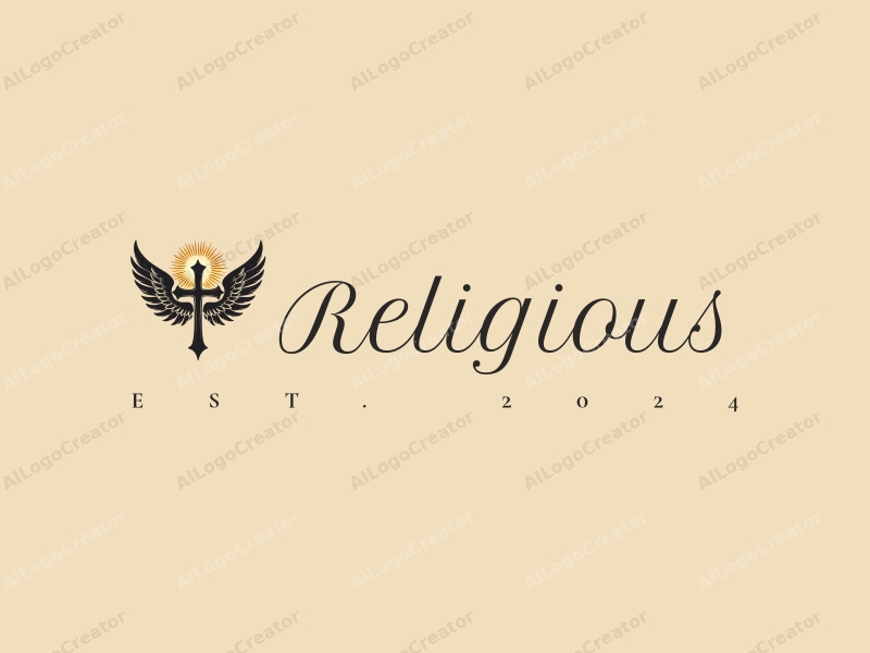 vintage design features a stylized cross intertwined with angelic wings, a glowing halo above, and a harmonious composition with a clean background.