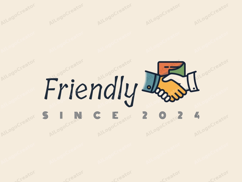 playful design features a stylized book and a handshake, combined with a clean background, emphasizing friendship and community in an educational and social context.