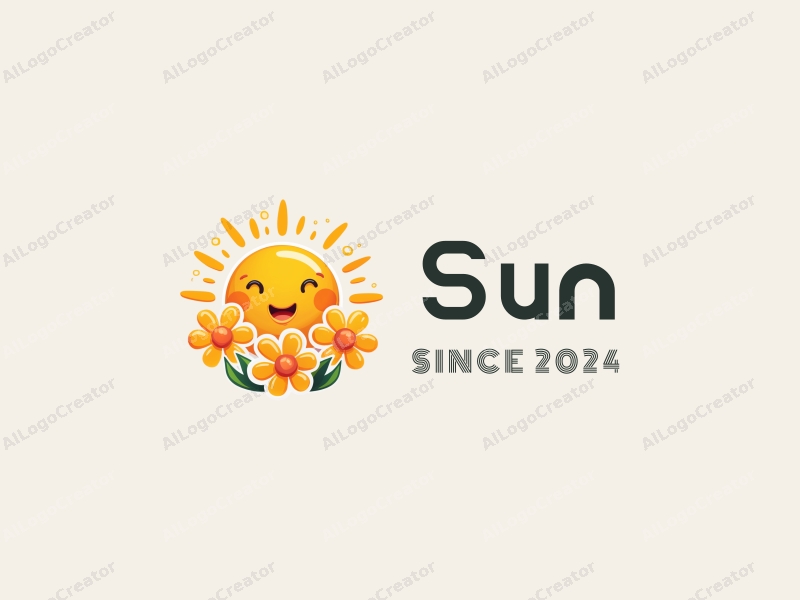 playful design features a bright sun with rays of light, surrounded by cheerful flowers, all in a vibrant yellow color scheme, combined with a clean and simple background.