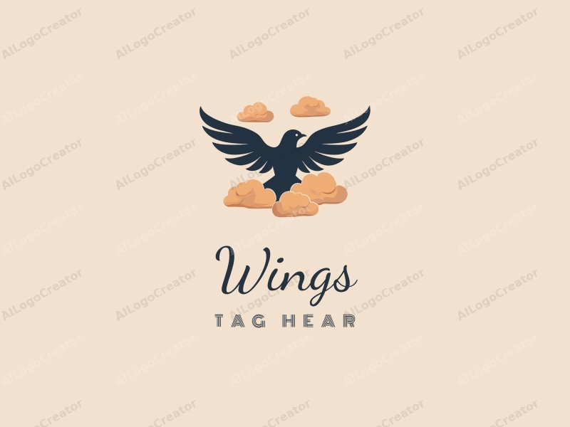 playful design features stylized wings and a bird in flight, surrounded by fluffy clouds, combined with a clean background.