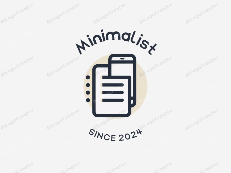 minimalist design features a stylized smartphone and notebook, combined with clean lines and a tag style approach on a white background.