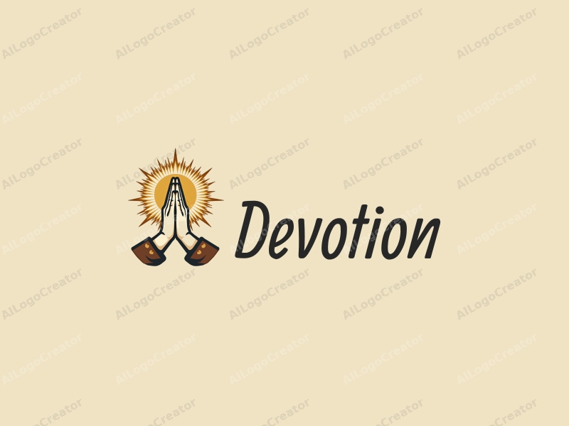 vintage design features a stylized halo above a pair of hands in a prayer position, combined with golden accents and a clean background.