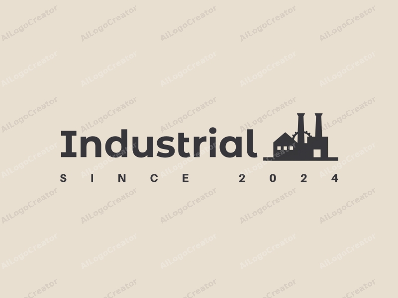 a modern minimalist design featuring a stylized factory silhouette with gears and chimneys, combined with a clean gray and black color scheme.