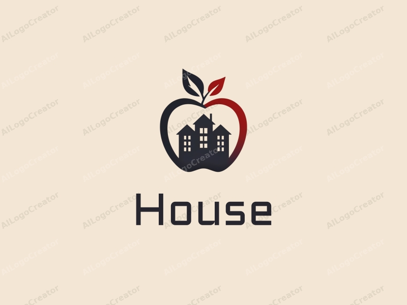 modern design features a stylized house and building silhouette intertwined with an apple, utilizing a clean and simple composition.