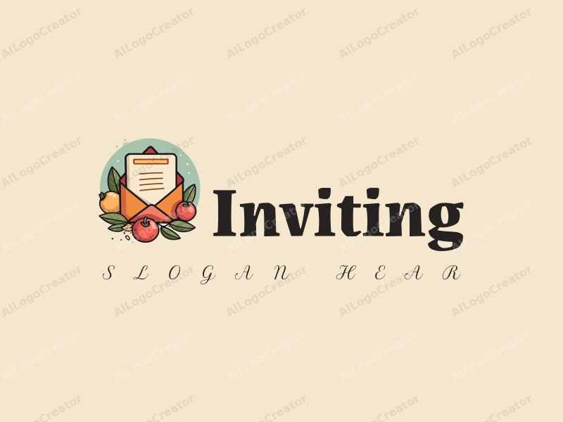 playful design features a stylized invitation card, warm colors, and elements representing food and gatherings, combined with a clean background.