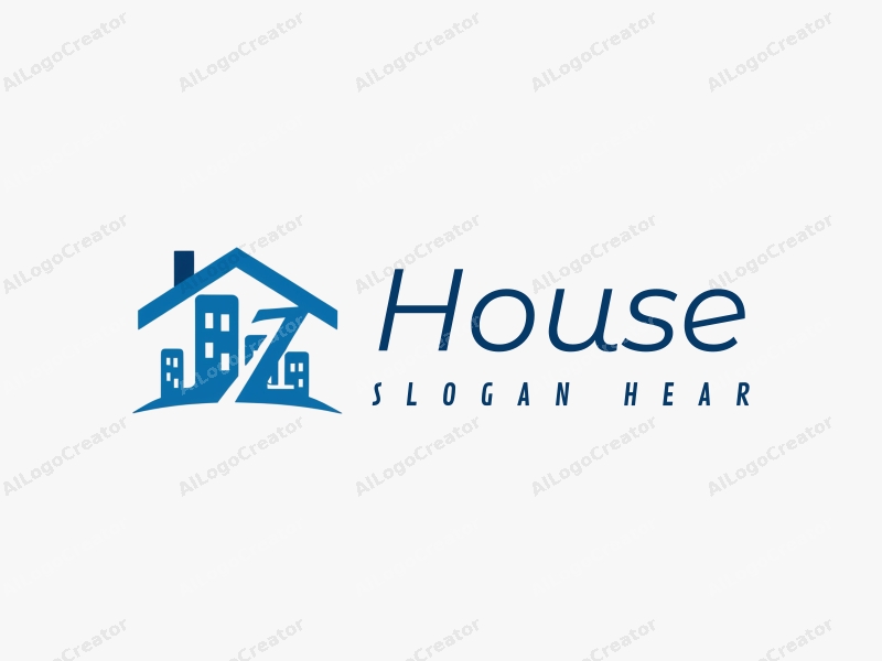 modern design features a stylized house and building with a prominent letter Z integrated into the roof, using a clean and simple composition with a blue color palette.