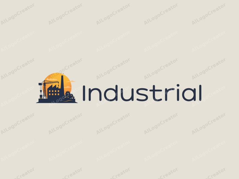 modern design features a stylized factory silhouette, interlocking gears, and a crane, combined with a clean background.