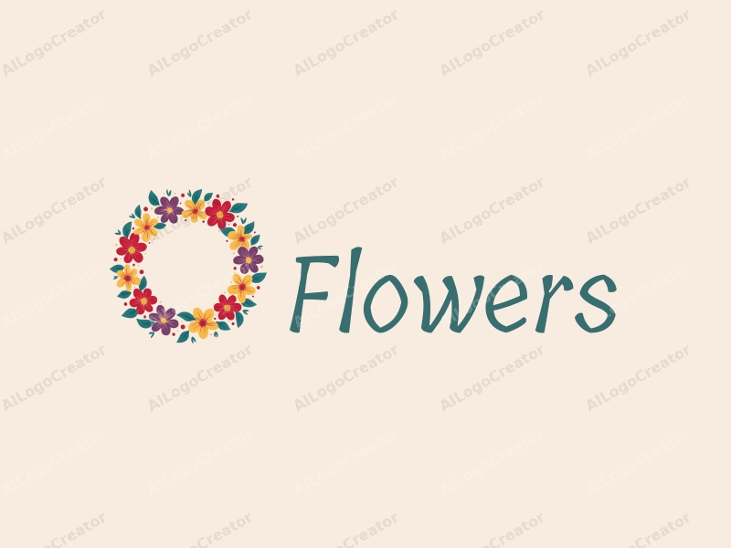 playful design features vibrant flowers and petals arranged in a circular wreath, complemented by playful leaves, all set against a clean background.