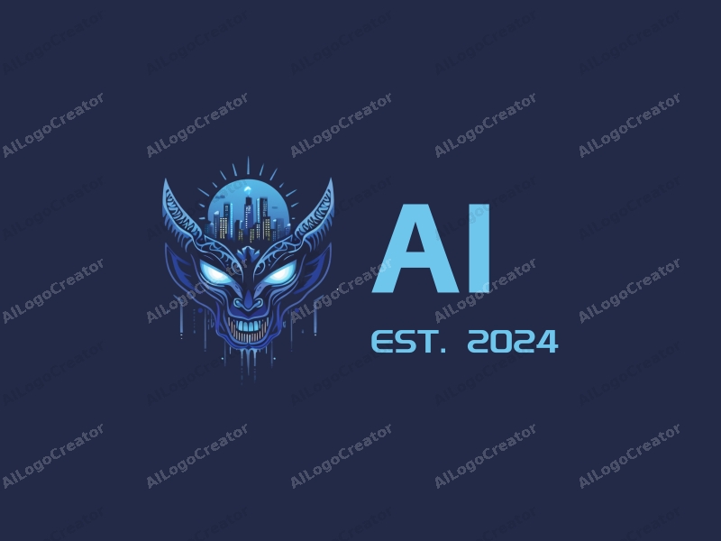 a modern design featuring elements of intelligence and algorithms intertwined with an urban landscape and devil imagery, utilizing a blue color palette, creating a clean and harmonious composition.