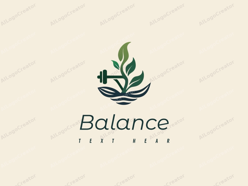 a modern design featuring elements of balance and harmony, incorporating fitness symbols like dumbbells or yoga poses, intertwined with natural elements such as leaves or waves, using a clean background.