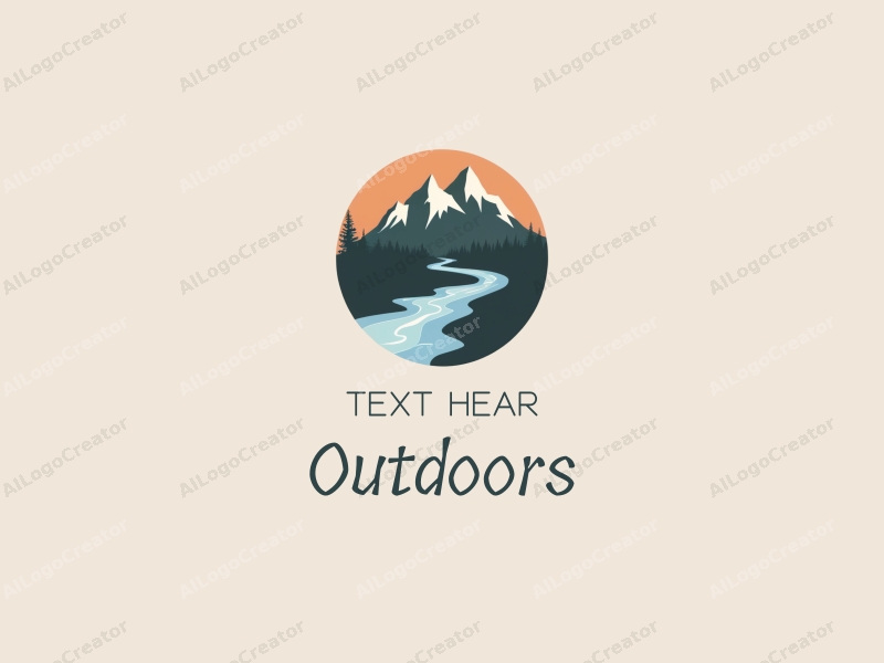 a minimalist design featuring a stylized mountain silhouette and flowing stream, combined with a natural and adventurous design approach, set against a clean background.