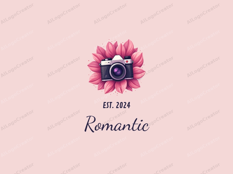 playful design features a stylized camera surrounded by delicate petals, incorporating romantic elements and a vibrant pink and purple color palette against a clean background.