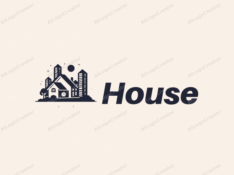 modern design features a stylized house and building silhouette, integrated with a clock and film elements, combined with a clean background.