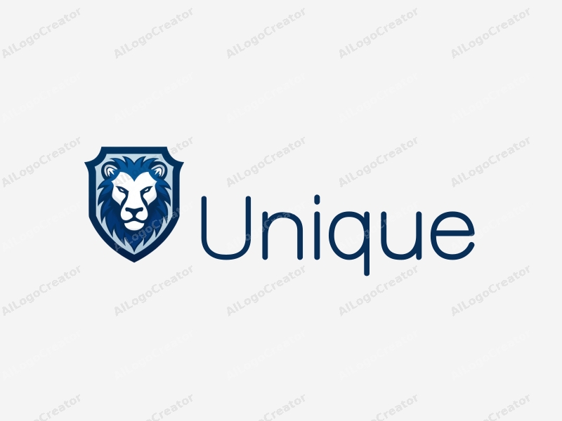 a modern minimalist design featuring a stylized blue lion within a badge, incorporating unique and innovative elements, set against a clean white background.