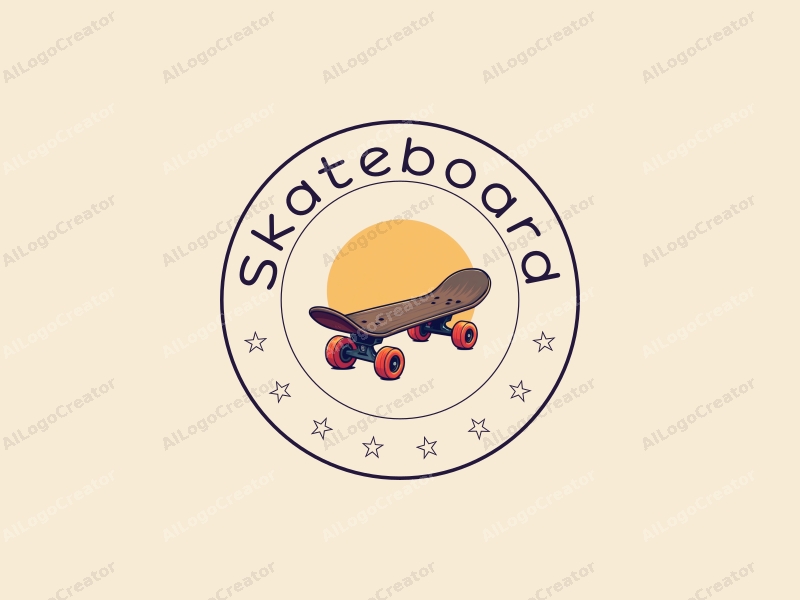 playful design features a vibrant skateboard with stylized wheels and a wooden board, combined with a clean background.