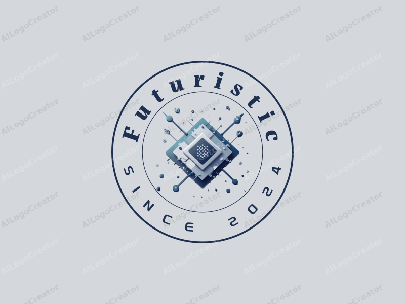 a modern minimalist design featuring abstract representations of a network and chip, combined with futuristic elements, set against a clean background in silver and blue tones.