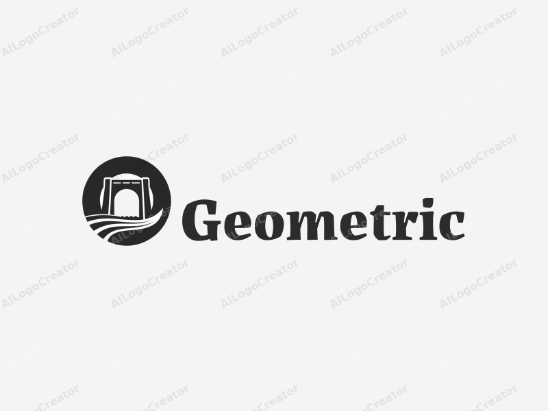 geometric design featuring a stylized bridge and circular ring, representing corporate and office themes, combined with a clean black and white background.