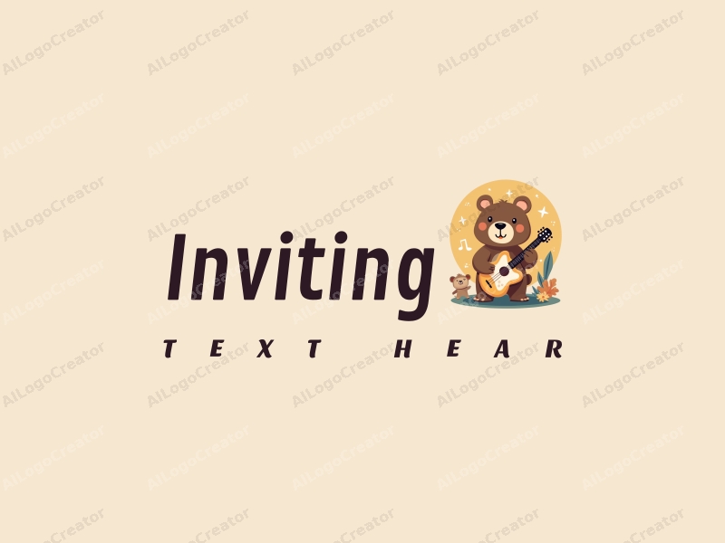 playful design features a friendly bear holding musical instruments, combined with elements of invitation and welcome, set against a warm-toned background.