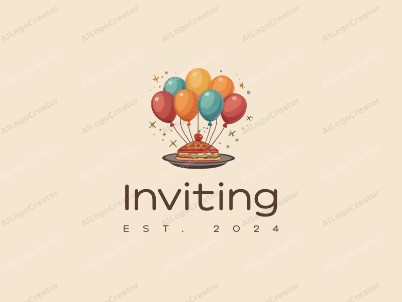 playful design features a stylized plate and colorful balloons, combined with inviting elements and warm tones, set against a clean background.