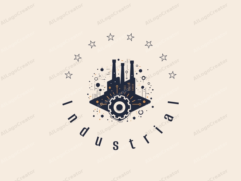 modern design features a stylized factory silhouette, interlocking gears, and circuit patterns combined with a clean background.