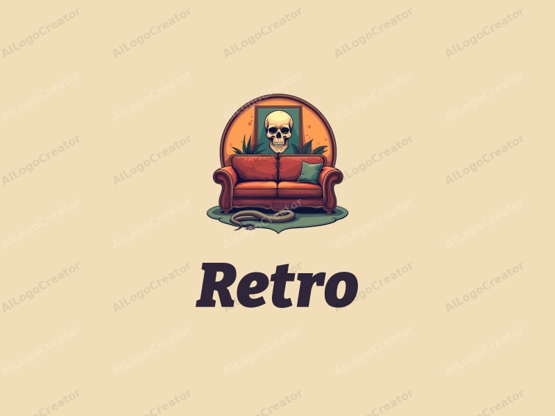 vintage design features a retro sofa and a retro poster, combined with a skull and snake, set against a clean background.