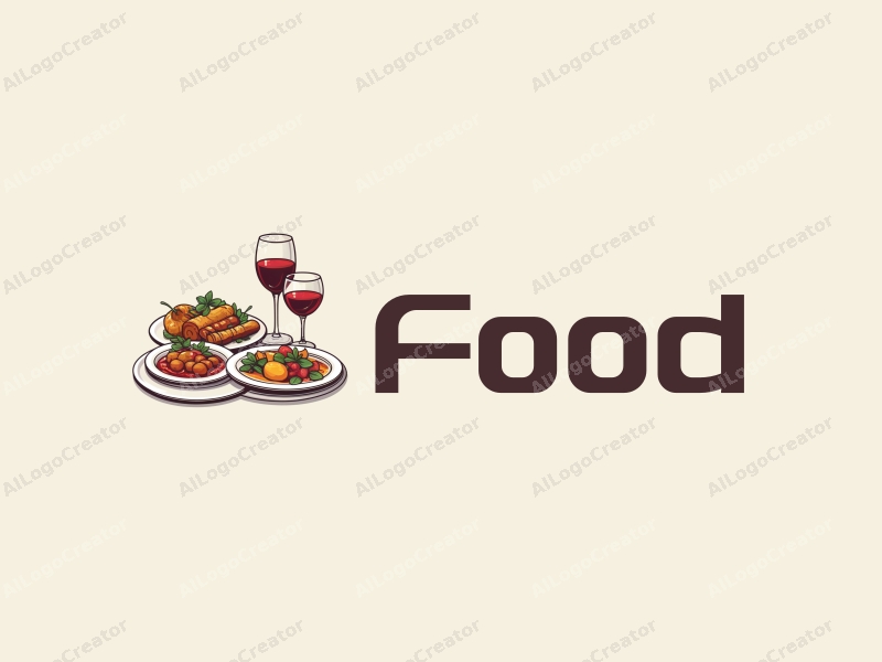 modern design features vibrant food elements, gourmet dishes elegantly arranged on plates, and stylized wine glasses, combined with a clean background.