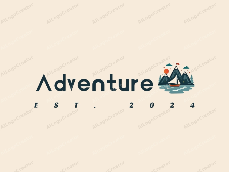 playful design features stylized mountains and sailing elements, combined with adventure and exploration themes, set against a clean background.