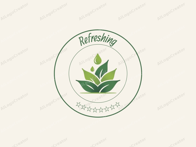 minimalist design features fresh and natural elements like green leaves and water droplets, combined with a clean background and a harmonious composition.