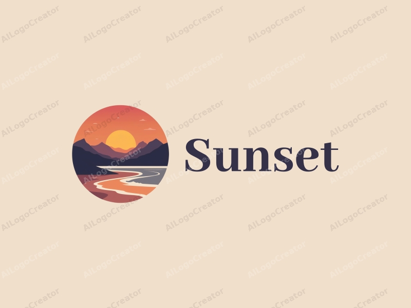 vintage design features a stylized sunset over a beach with mountains in the background, using a harmonious blend of orange and purple colors, combined with a clean and simple composition.