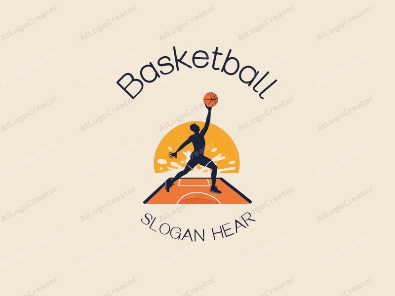 playful design features a dynamic silhouette of an athlete jumping with a basketball, set against a stylized basketball court, incorporating vibrant orange tones and a clean background.