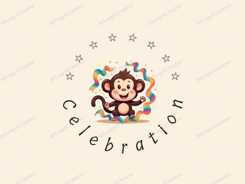 playful design features a cheerful monkey surrounded by colorful festive ribbons, incorporating gold accents and a vibrant rainbow color palette, combined with a clean background.