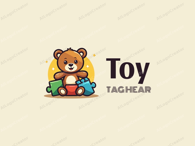 playful design features a stylized teddy bear, colorful puzzle pieces, and building blocks combined with a clean background.