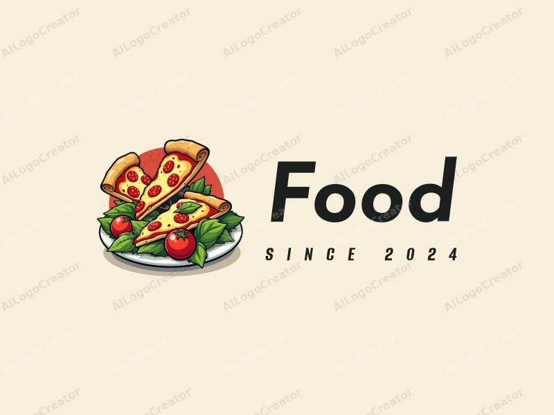 a modern design featuring vibrant colors, a stylized pizza slice and a fresh salad, combined with a clean background and a harmonious composition.