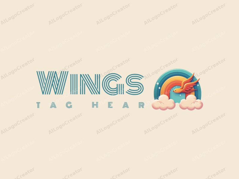 playful design features stylized wings and a flying motif, complemented by a vibrant rainbow and fluffy clouds, combined with a clean background.