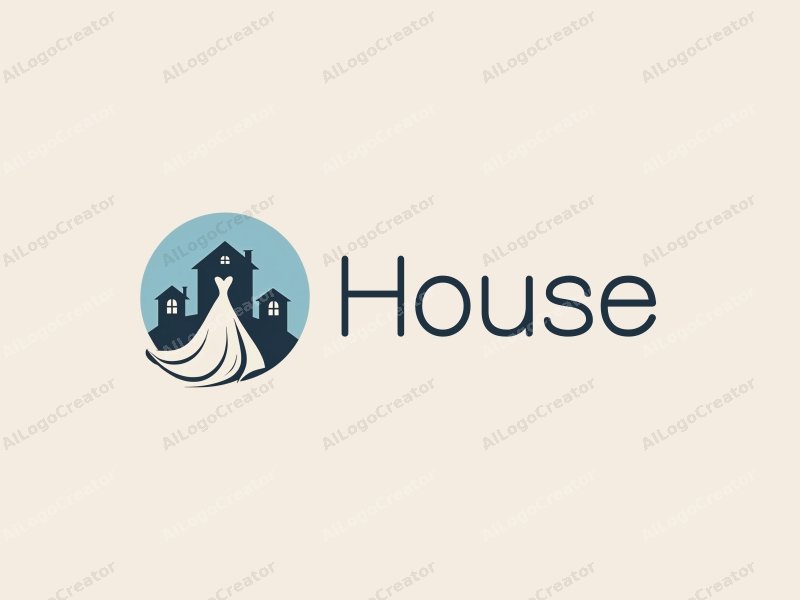 modern design features a stylized house and building silhouette intertwined with a graceful bride in a wedding dress, combined with a clean blue background.