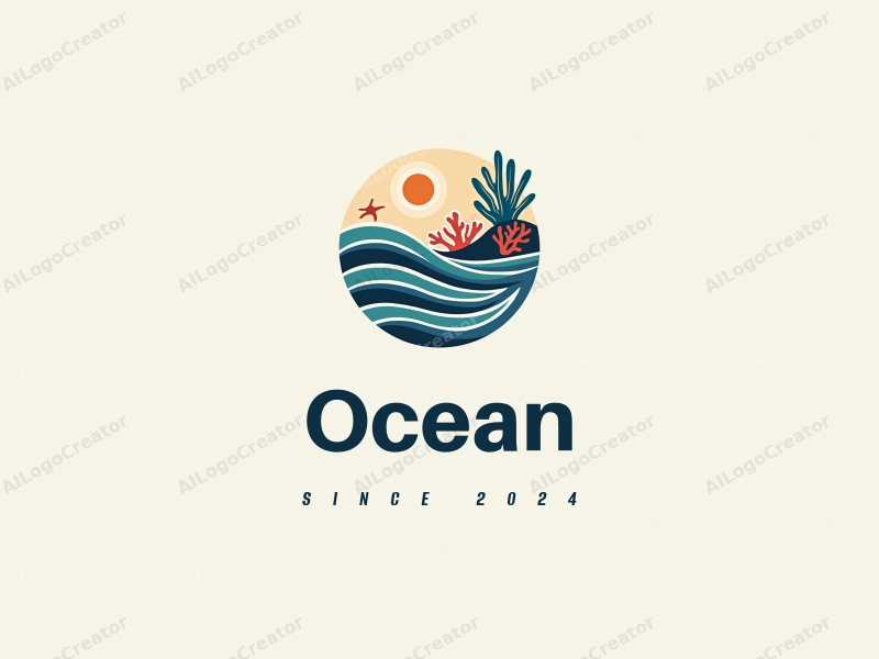 modern design features stylized waves, marine life including coral and a sea turtle, combined with a clean background.